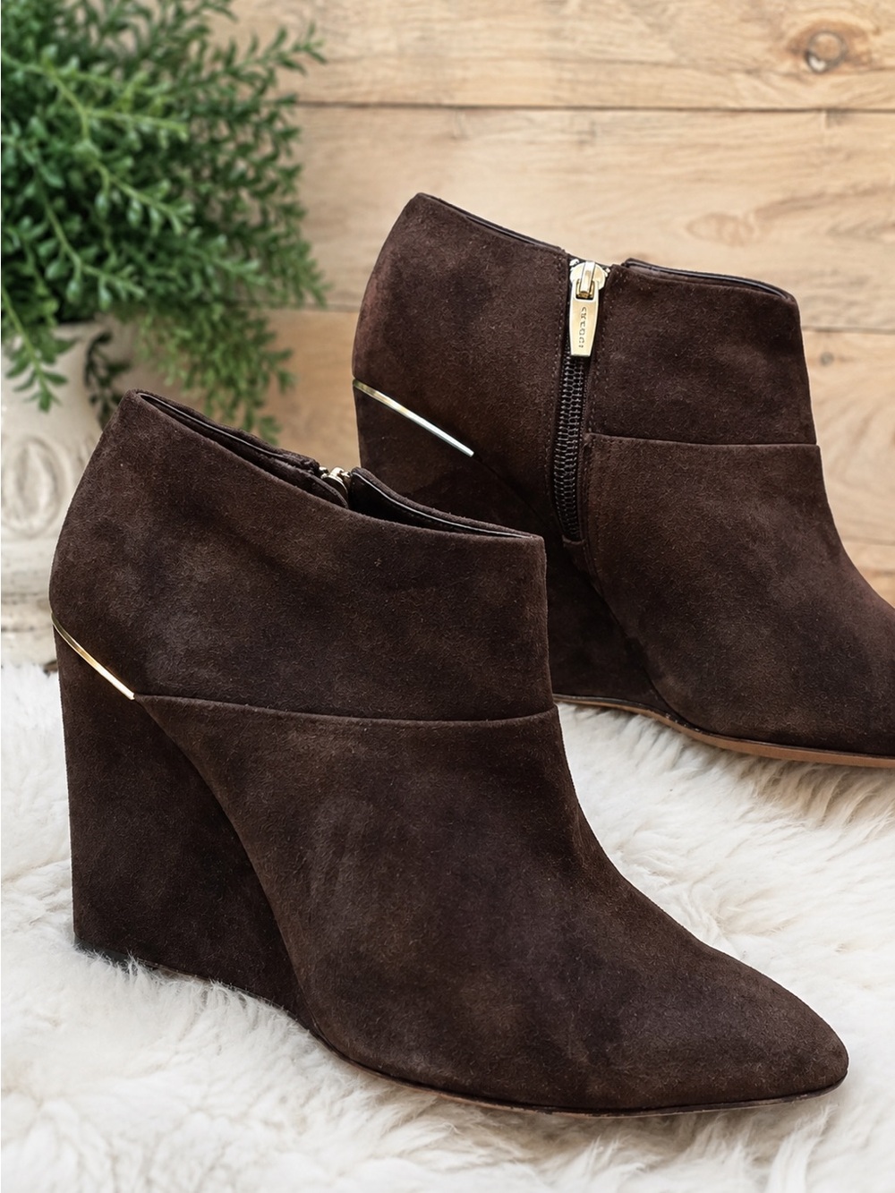 Coach Espresso Suede Wedge Ankle Booties Size 7.5 EUC